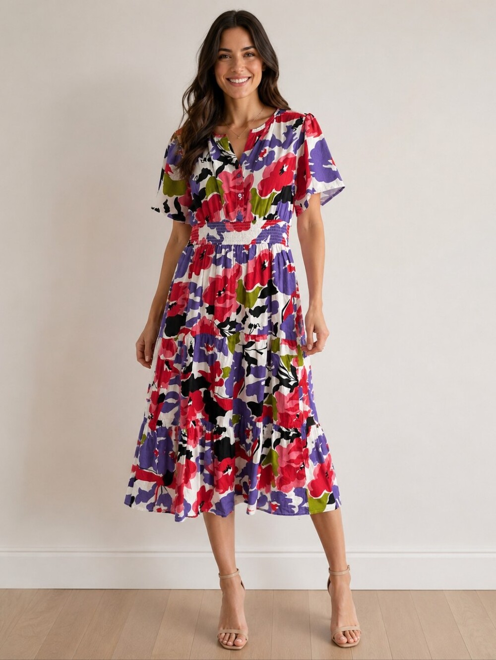 NAOO Floral Smocked Waist Tiered Midi Dress Women’s XL Boho Cottagecore